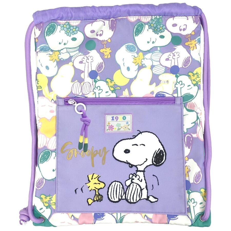 Saco mochila morado de Snoopy y Woodstock con bolsillo frontal