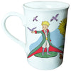 Taza de cerámica de El Principito con ilustración de personaje, aves y flor