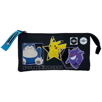 Portatodo triple Pokémon negro con Pikachu, Snorlax y Gengar