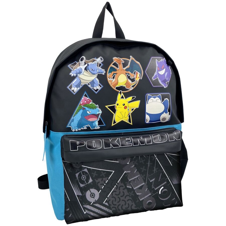 Mochila Pokémon negra y azul con personajes y bolsillo frontal