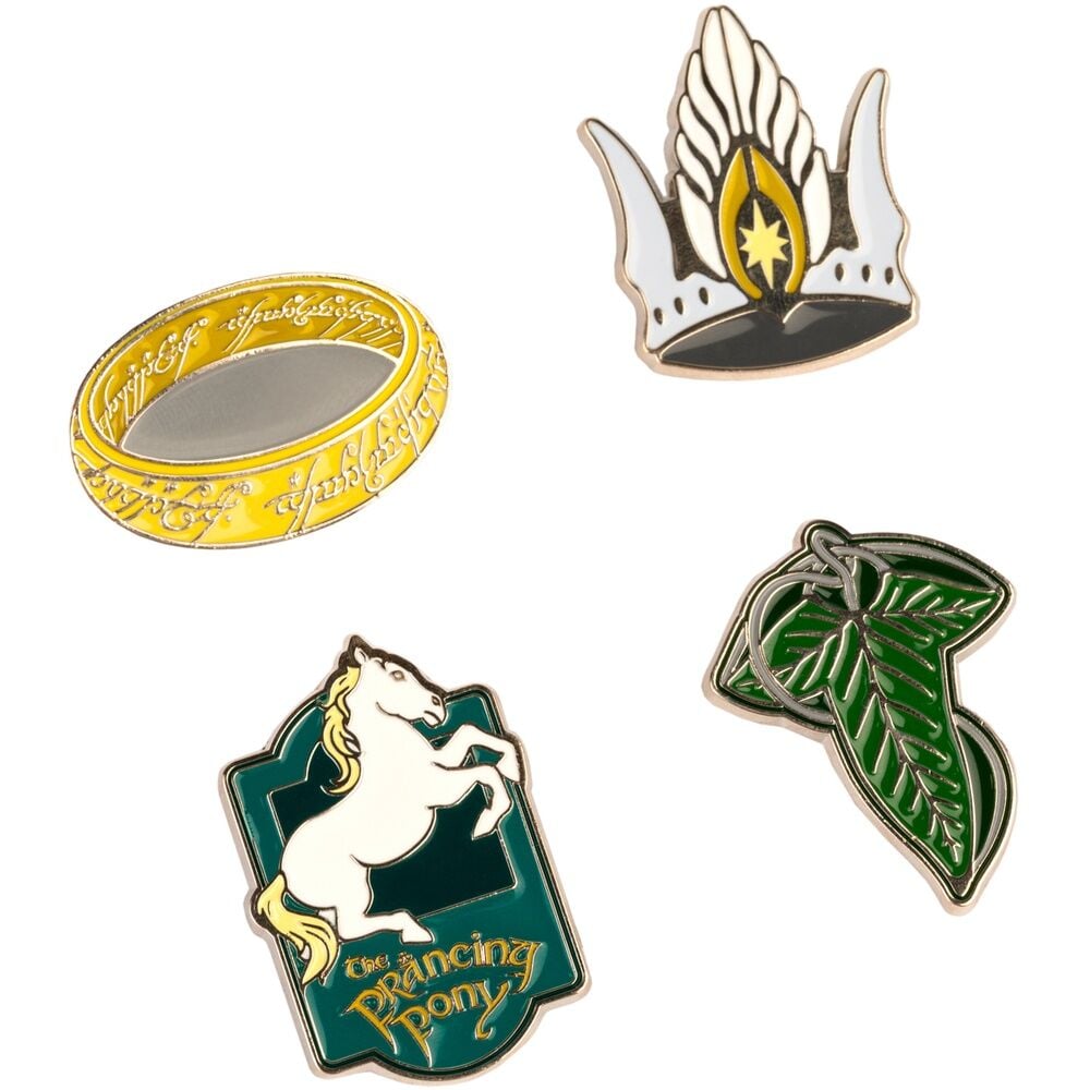 Set de 4 pins de El Señor de los Anillos con anillo, hoja y Prancing Pony