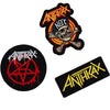 Set de tres parches Anthrax con logotipo, símbolo y calavera