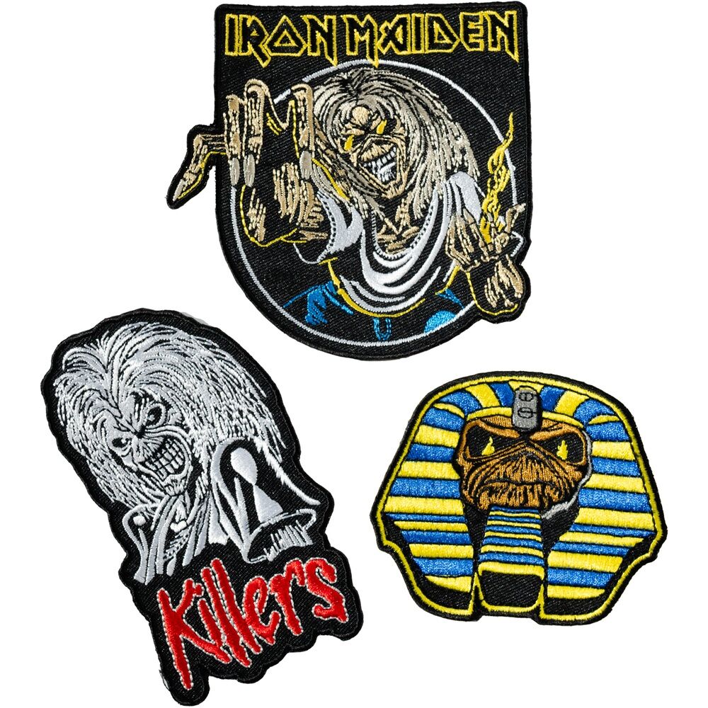 Set de tres parches Iron Maiden con diseños rock