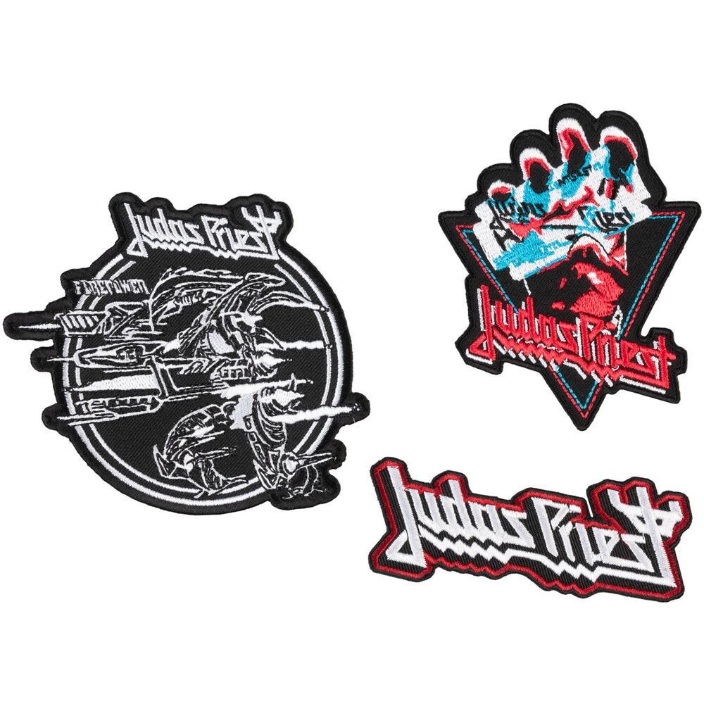 Set de tres parches Judas Priest con diseños en negro, blanco, rojo y azul
