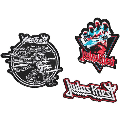 Set de tres parches Judas Priest con diseños en negro, blanco, rojo y azul