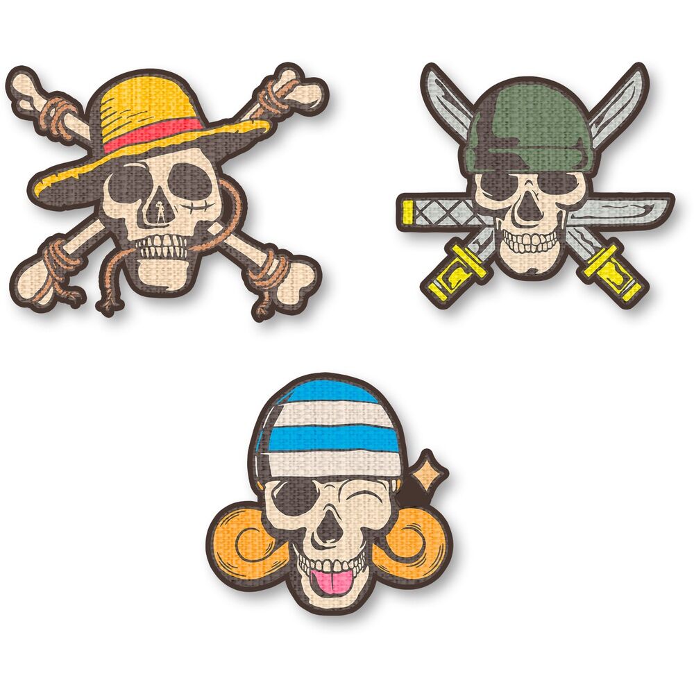 Set de tres parches One Piece con diseños de calaveras piratas