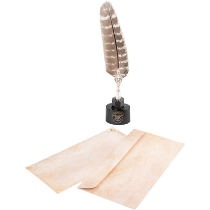 Set Harry Potter con bolígrafo pluma, cartas de pergamino y soporte negro