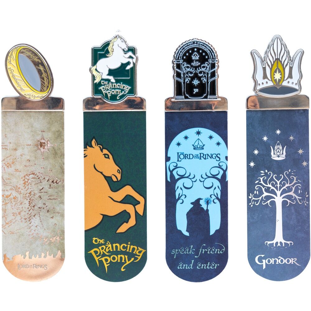Set de cuatro marcapáginas de El Señor de los Anillos con diseños de la Tierra Media