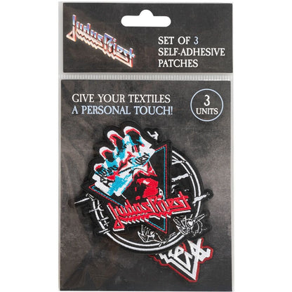 Set de tres parches Judas Priest con diseños en negro, blanco, rojo y azul - 2