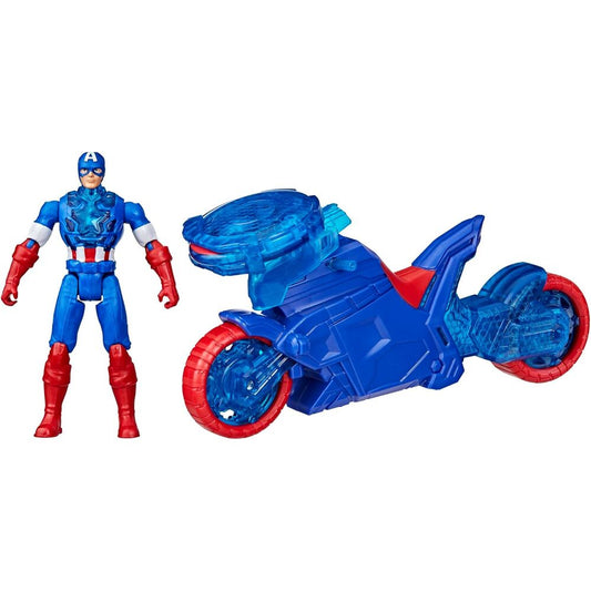 Moto lanzaescudos azul y roja con figura de Capitán América