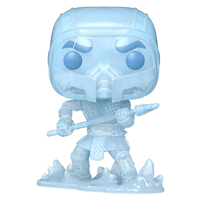 Figura Funko POP! de Sub-Zero de Mortal Kombat 11 en azul sobre una base de hielo