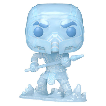 Figura Funko POP! de Sub-Zero de Mortal Kombat 11 en azul sobre una base de hielo