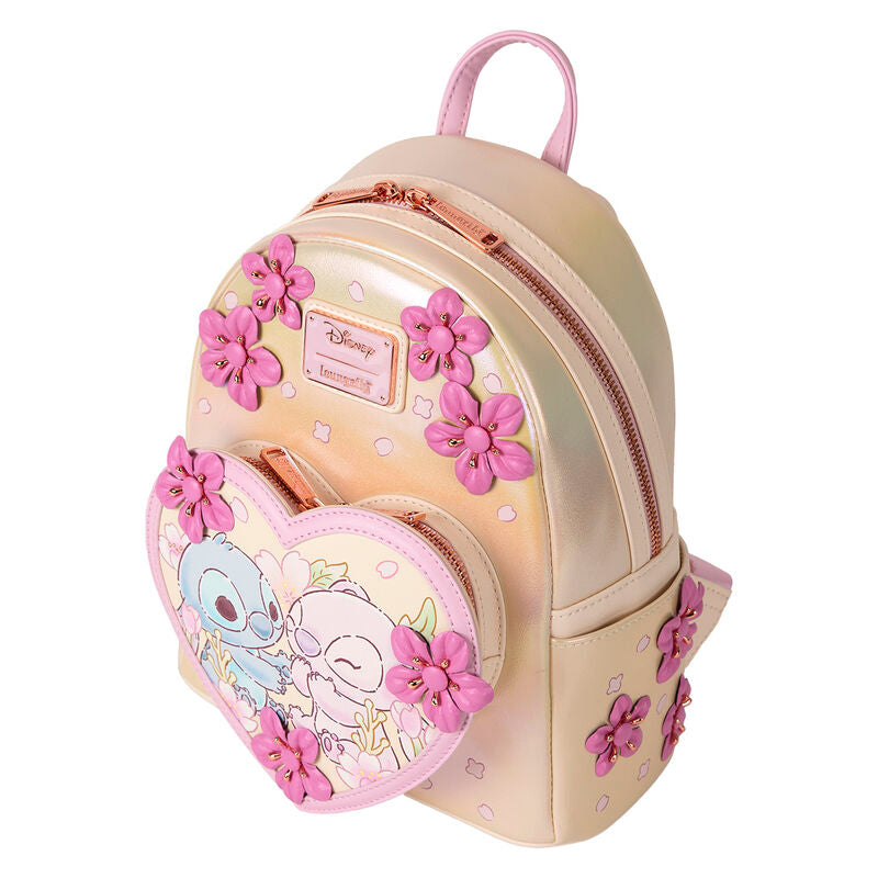 Mochila Disney Loungefly de Stitch y Angel con flores rosas - 4
