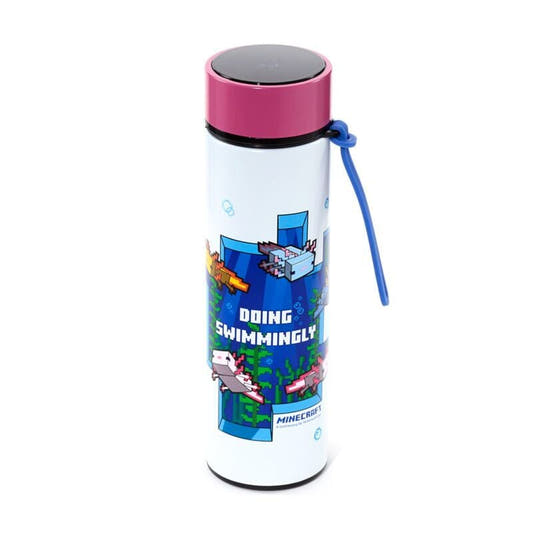 Botella termo Minecraft de 450 ml con diseño de ajolotes, tapa rosa y correa azul