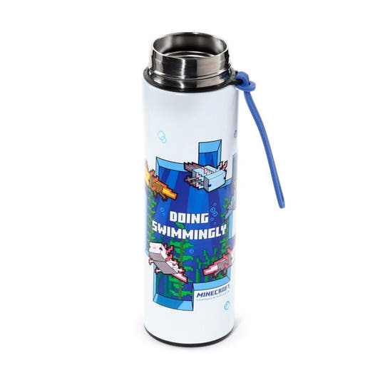 Botella termo Minecraft de 450 ml con diseño de ajolotes, tapa rosa y correa azul - 2
