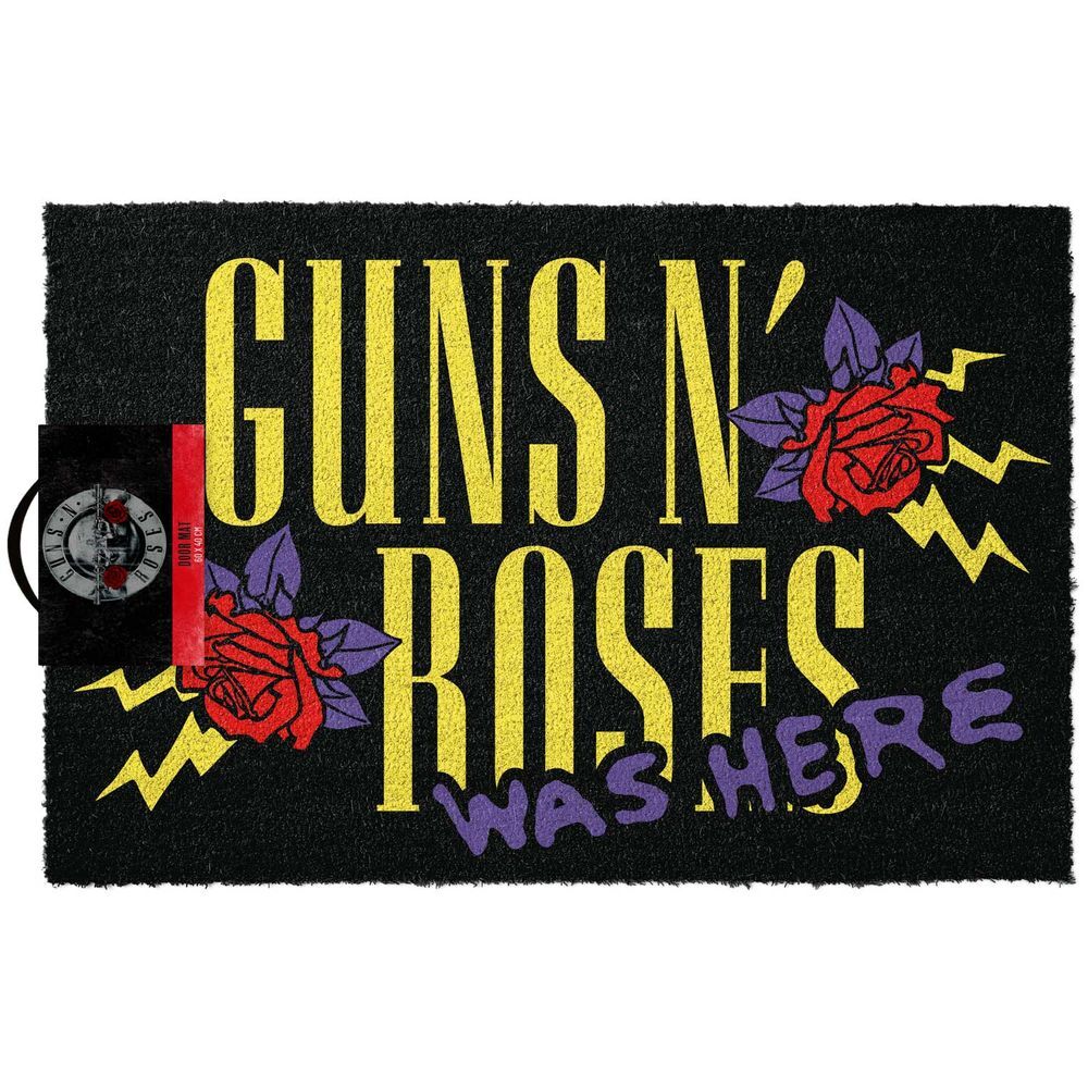 Felpudo negro Guns N' Roses de fibra de coco con rosas rojas