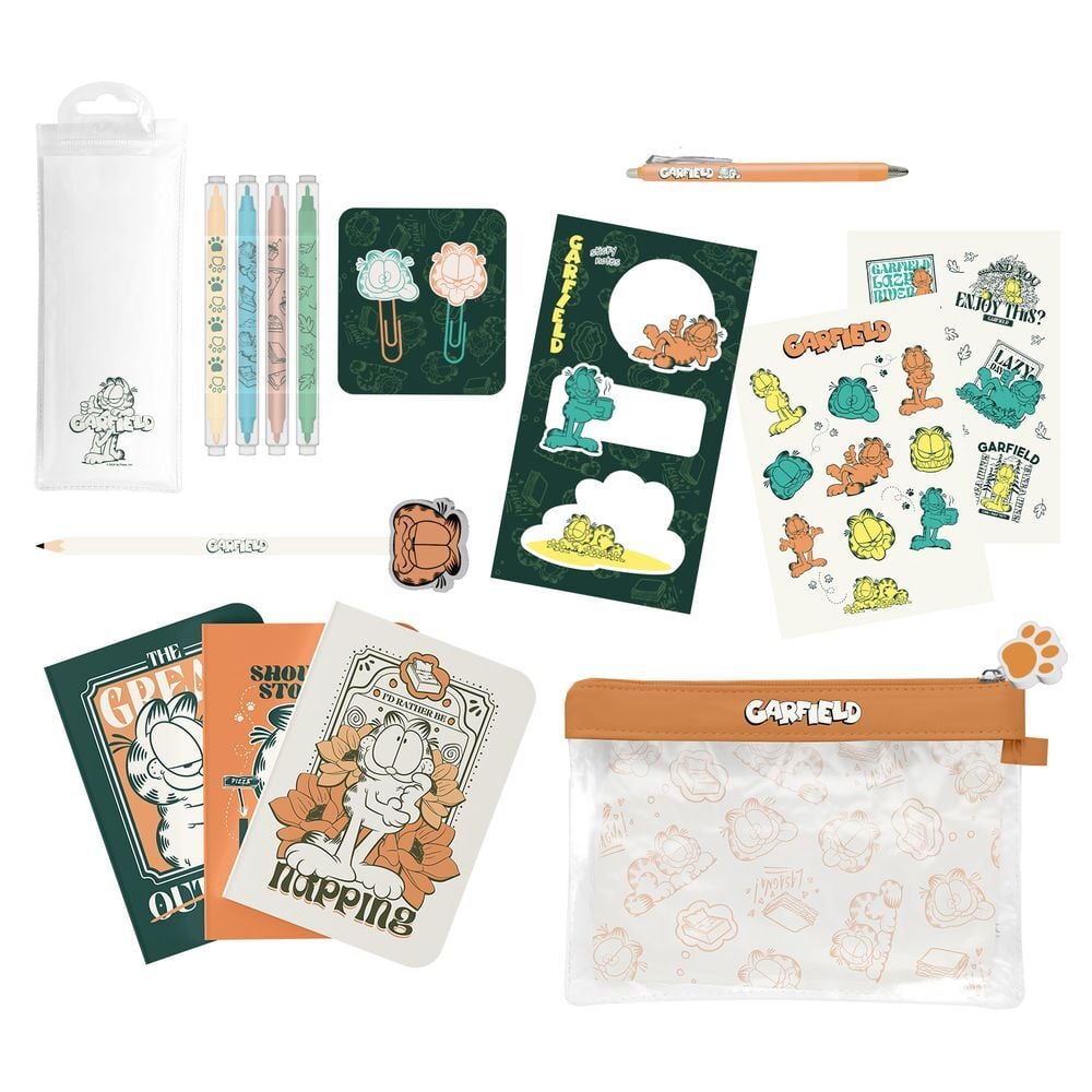 Set de papelería Garfield ERIK con estuche transparente, libretas y accesorios