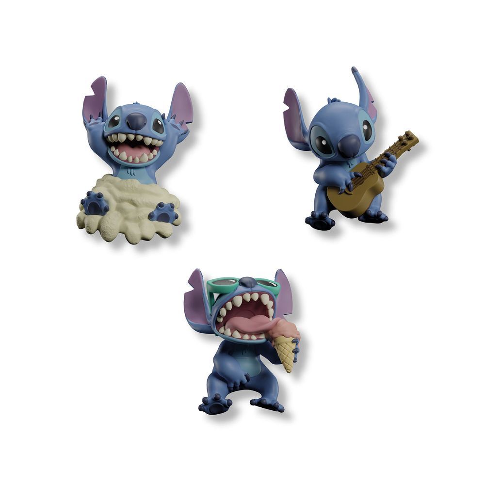 Set de tres imanes 3D de Stitch Disney con guitarra, helado y sonrisa