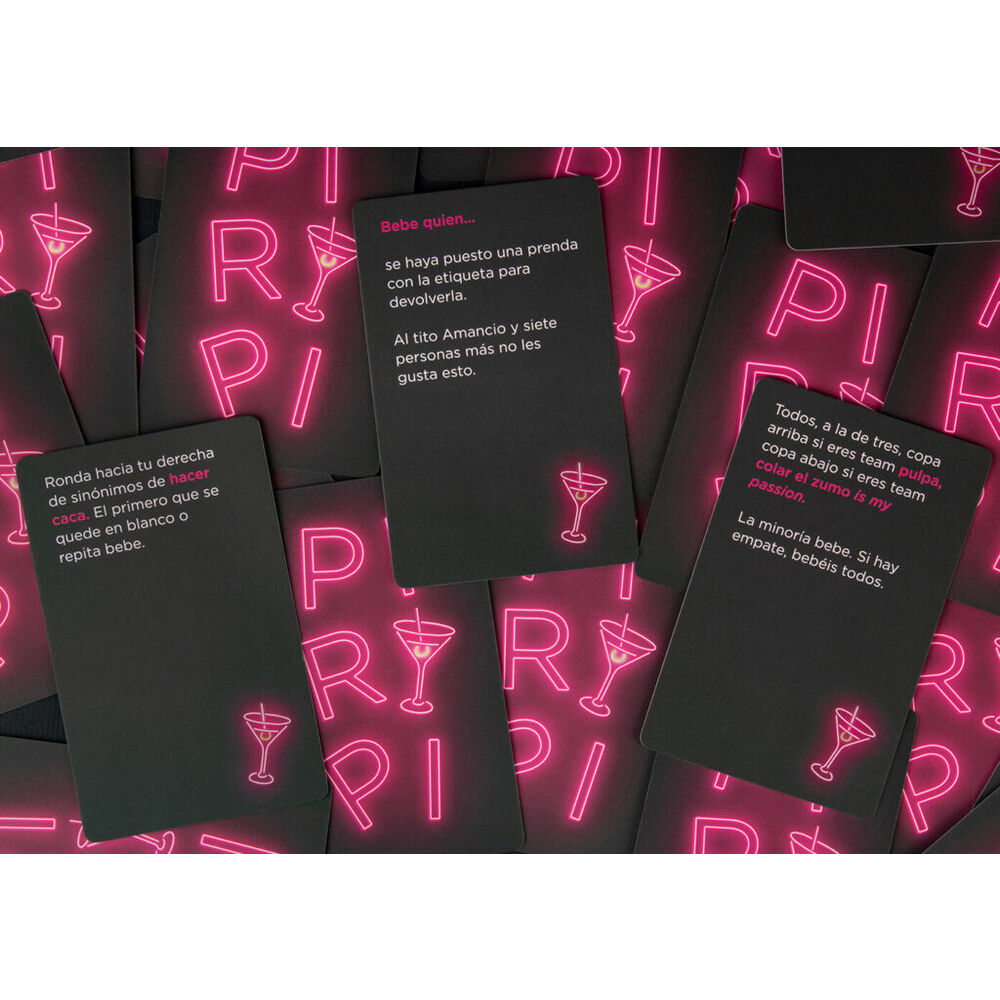 Caja del juego de cartas Piripi en español, con diseño de neón rosa y negro - 5