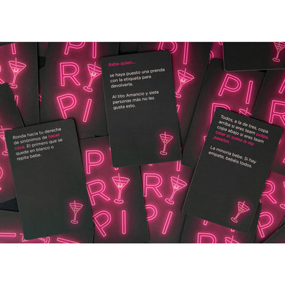 Caja del juego de cartas Piripi en español, con diseño de neón rosa y negro - 5