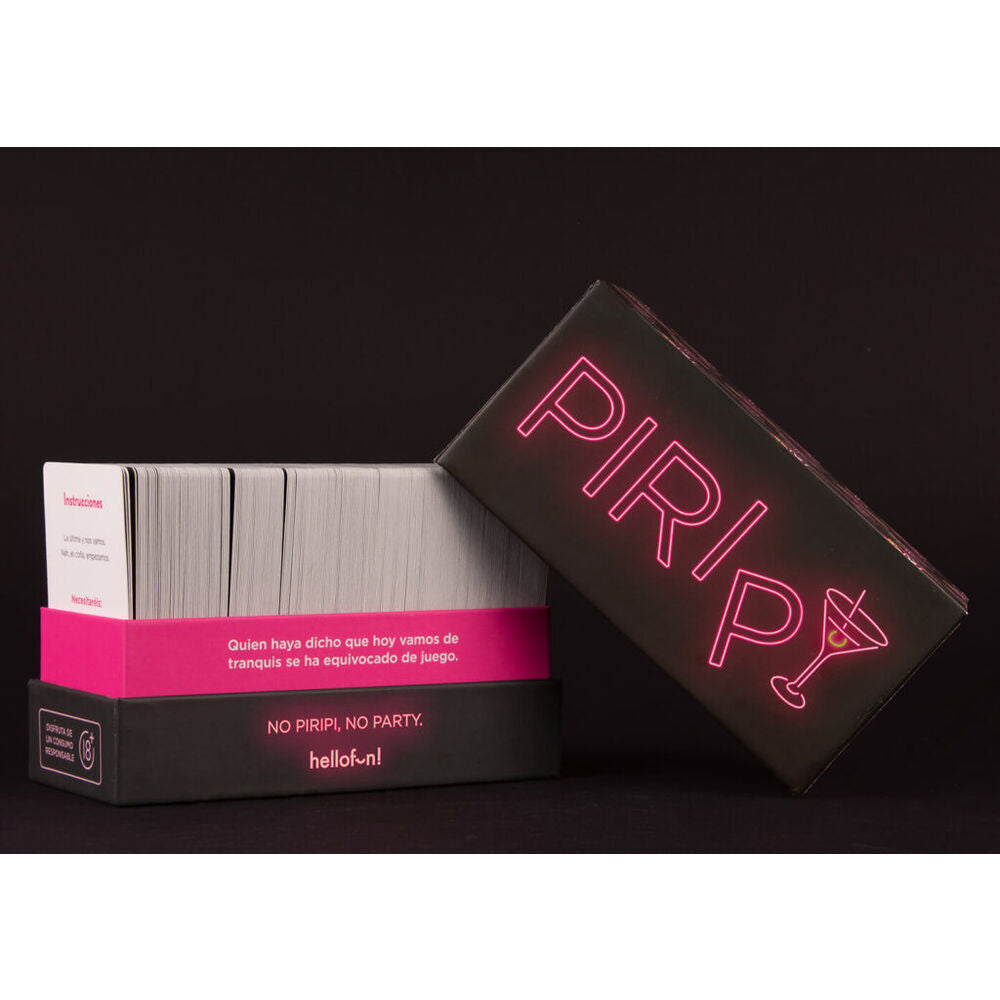 Caja del juego de cartas Piripi en español, con diseño de neón rosa y negro - 6