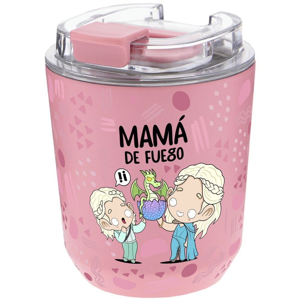 Vaso térmico rosa AUREA Mamá de Fuego con tapa transparente