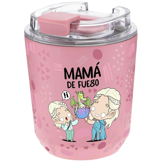 Vaso térmico rosa AUREA Mamá de Fuego con tapa transparente