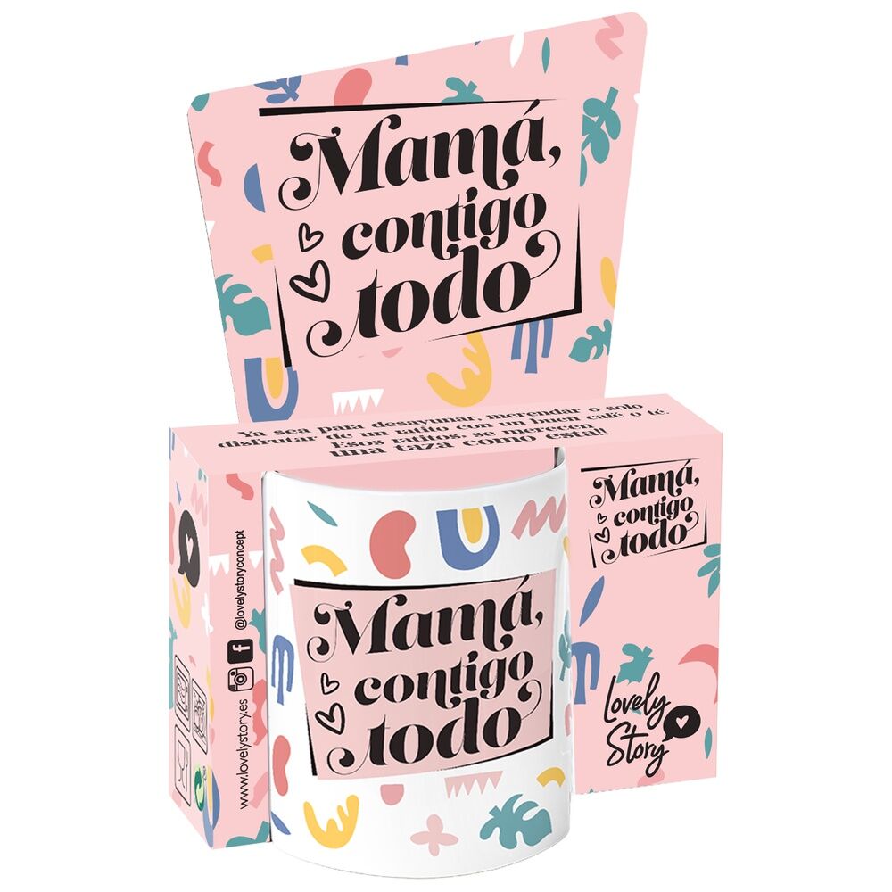 Taza de cerámica rosa y blanca Mamá, contigo todo de Lovely Story