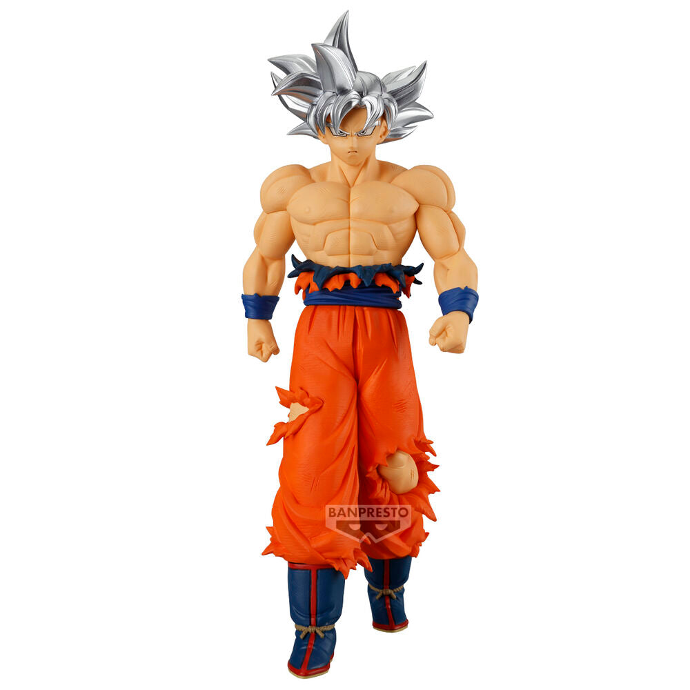 Figura de Son Goku de Dragon Ball Super con cabello plateado y pantalón naranja