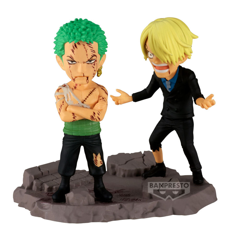 Figura Banpresto de Roronoa Zoro y Sanji de One Piece sobre una base rocosa