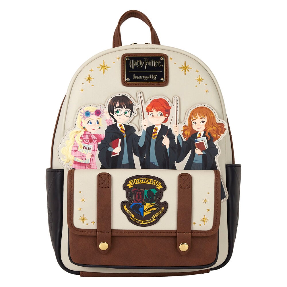 Mochila Loungefly de Harry Potter con personajes y escudo de Hogwarts