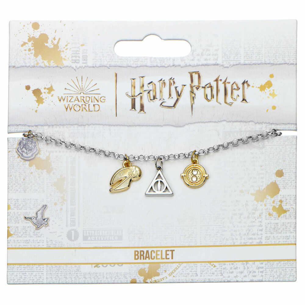Pulsera plateada de Harry Potter con abalorios del Tornero del Tiempo, las Reliquias de la Muerte y la Snitch Dorada - 2