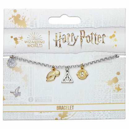 Pulsera plateada de Harry Potter con abalorios del Tornero del Tiempo, las Reliquias de la Muerte y la Snitch Dorada - 2