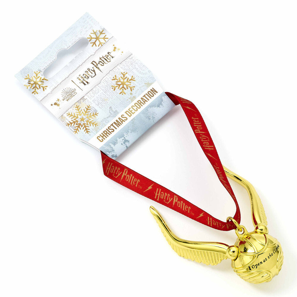 Adorno navideño dorado de la Snitch Dorada de Harry Potter con alas móviles y cinta roja - 2