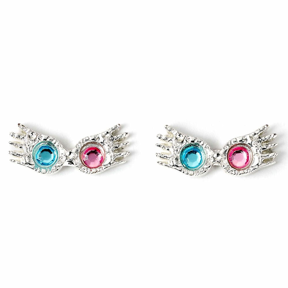 Pendientes plateados con forma de gafas de Luna Lovegood y cristales azul y rosa