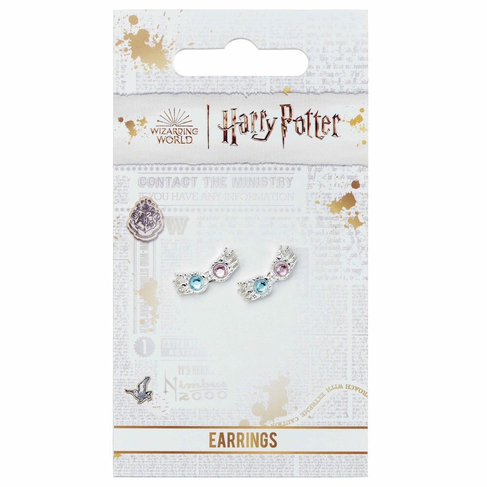 Pendientes plateados con forma de gafas de Luna Lovegood y cristales azul y rosa - 2