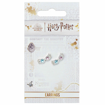 Pendientes plateados con forma de gafas de Luna Lovegood y cristales azul y rosa - 2