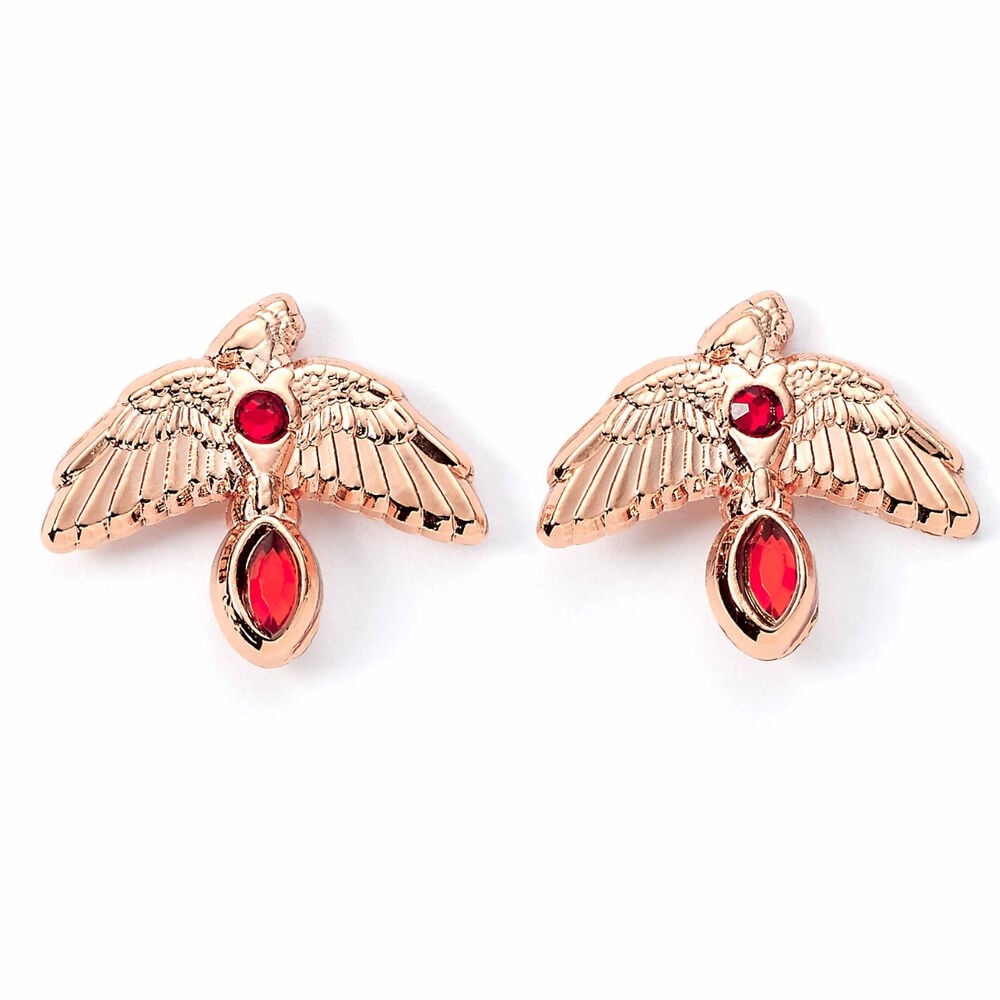 Pendientes Fawkes de Harry Potter con acabado oro rosa y detalles rojos
