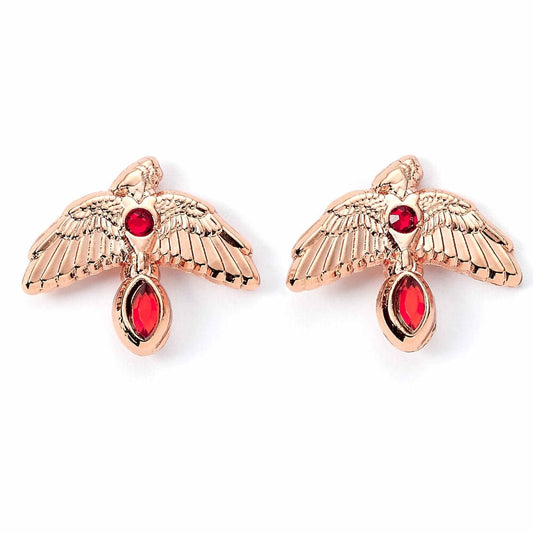 Pendientes Fawkes de Harry Potter con acabado oro rosa y detalles rojos