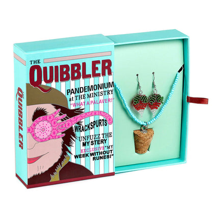 Set de colgante turquesa y pendientes de Luna Lovegood en caja The Quibbler