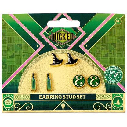 Set de 3 pares de pendientes Wicked con diseños verdes y negros