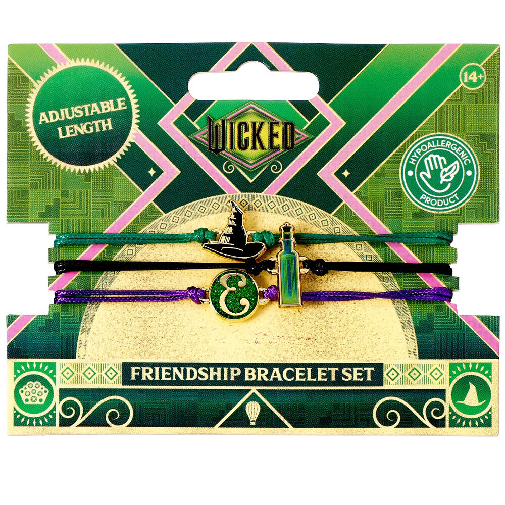 Set de dos pulseras Wicked de Elphaba y Glinda con cordones ajustables y colgantes
