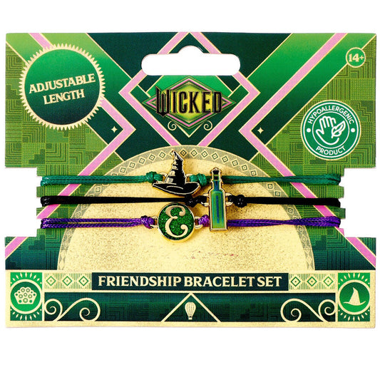 Set de dos pulseras Wicked de Elphaba y Glinda con cordones ajustables y colgantes
