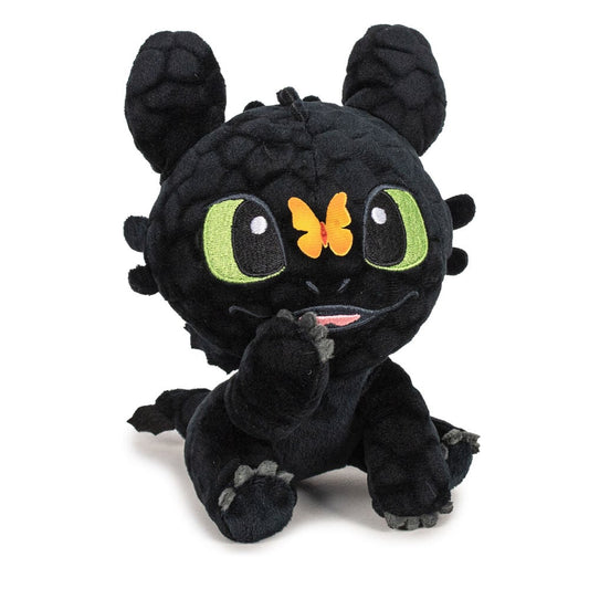 Peluche negro de Desdentao con ojos verdes y mariposa naranja