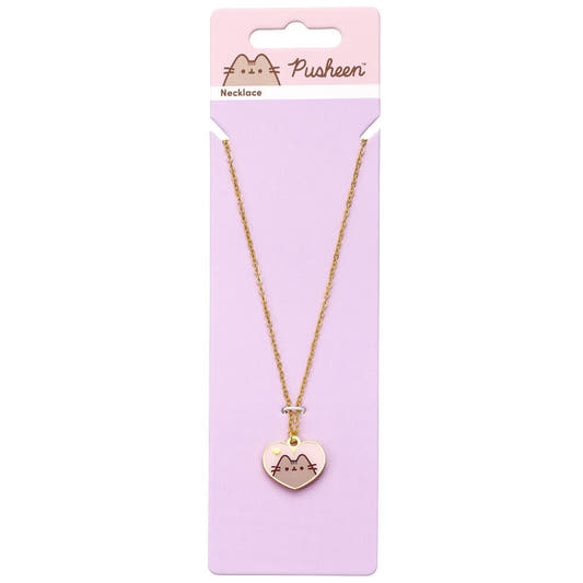 Colgante Pusheen con corazón de esmalte rosa y cadena dorada - 2