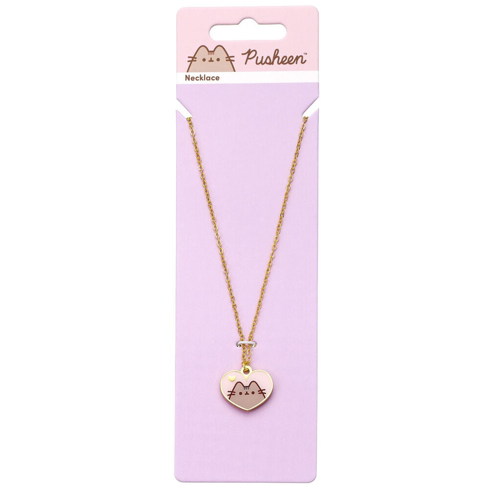 Colgante Pusheen con corazón de esmalte rosa y cadena dorada - 2