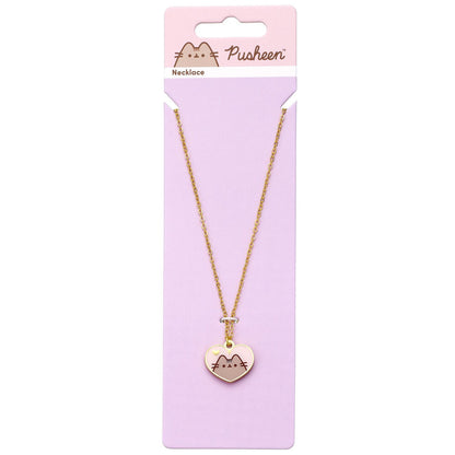 Colgante Pusheen con corazón de esmalte rosa y cadena dorada - 2