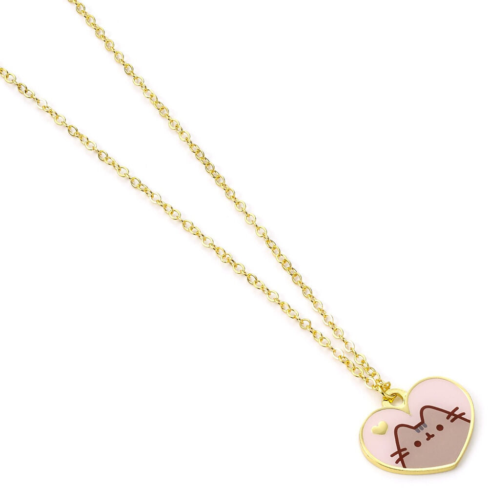 Colgante Pusheen con corazón de esmalte rosa y cadena dorada - 3