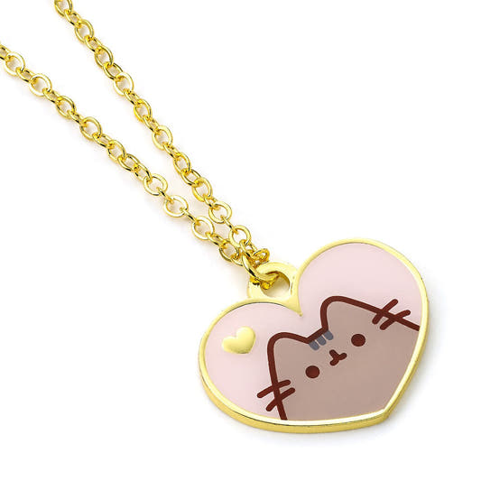 Colgante Pusheen con corazón de esmalte rosa y cadena dorada - 4