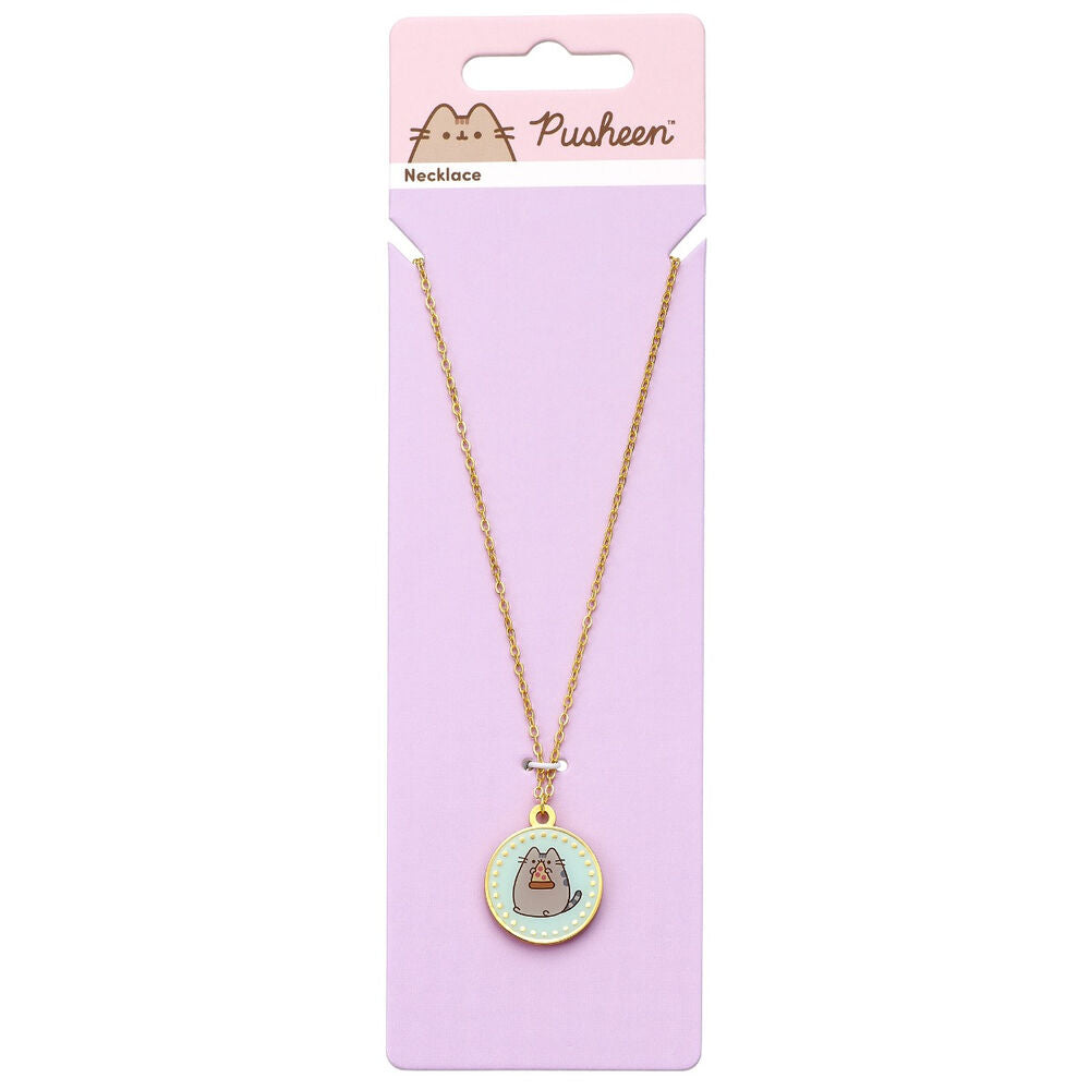 Colgante Pusheen con pizza, medallón azul y cadena dorada - 2